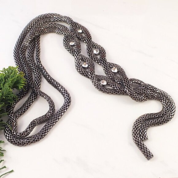 Long Hematite tone Necklace, Gunmetal Tone Two Strand Chain Necklace - Picture 1 of 16